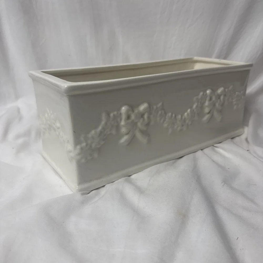 Vintage White Ceramic Rectangular Window Box Planter Garland Bows 13